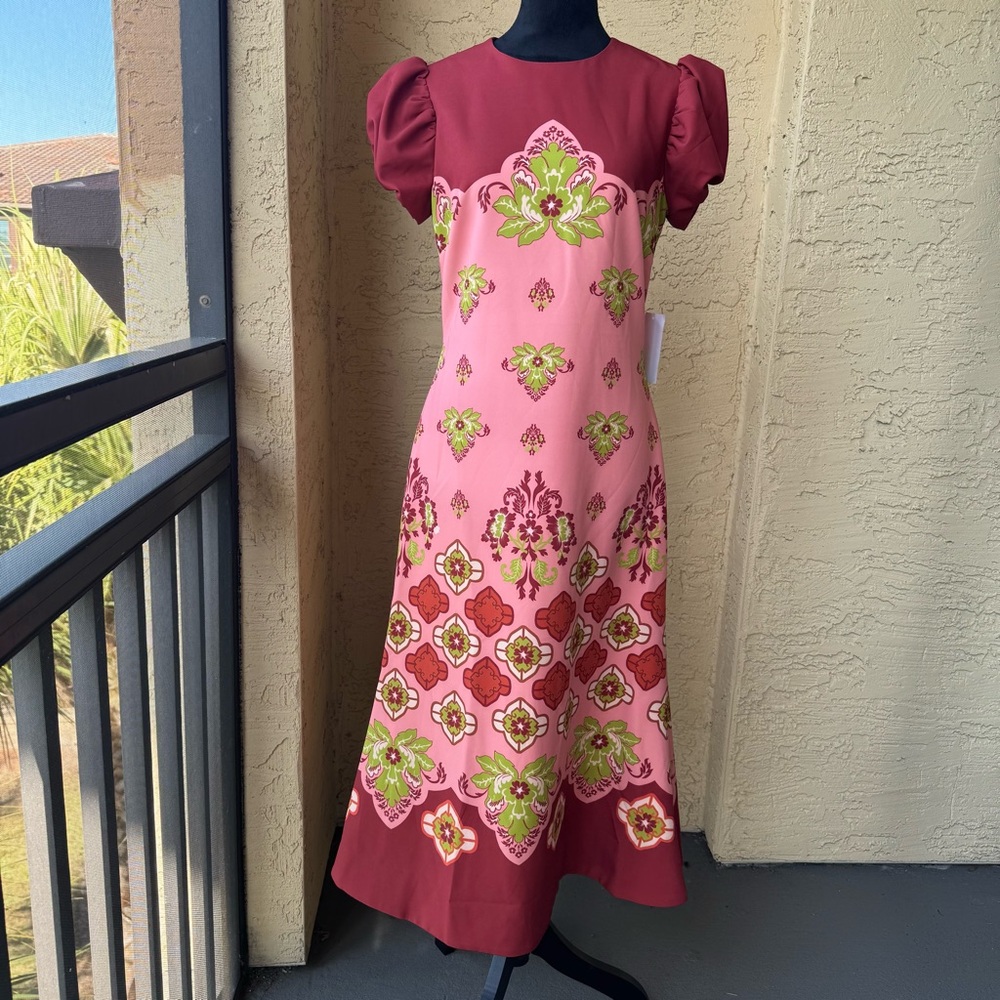 Mestiza New York Perla Flamingo Flourish Midi Dress Sz 8 Crew Neck Puff Sleeve - Picture 3 of 15